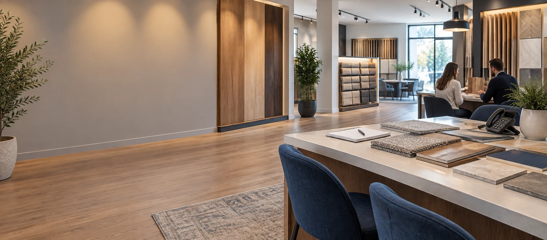 Customer discussing flooring samples with a specialist in a welcoming showroom