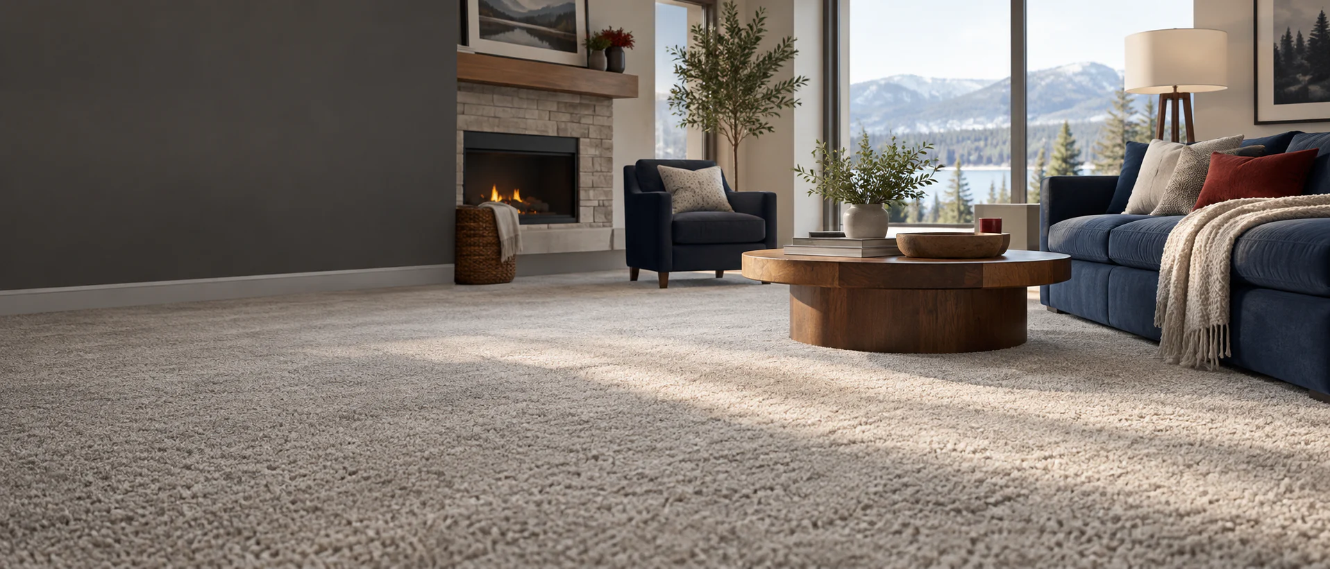 Comfortable family living room finished with soft neutral carpet