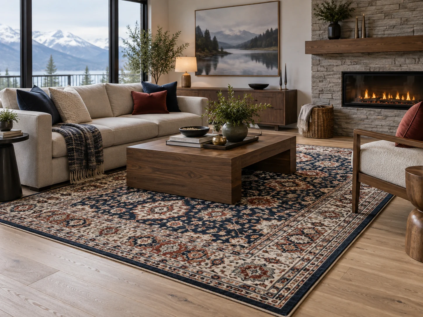 Patterned navy and cream area rug grounding a warm living room