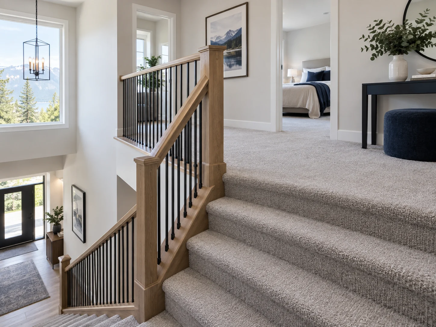 Precisely finished carpeted staircase and landing in a modern home