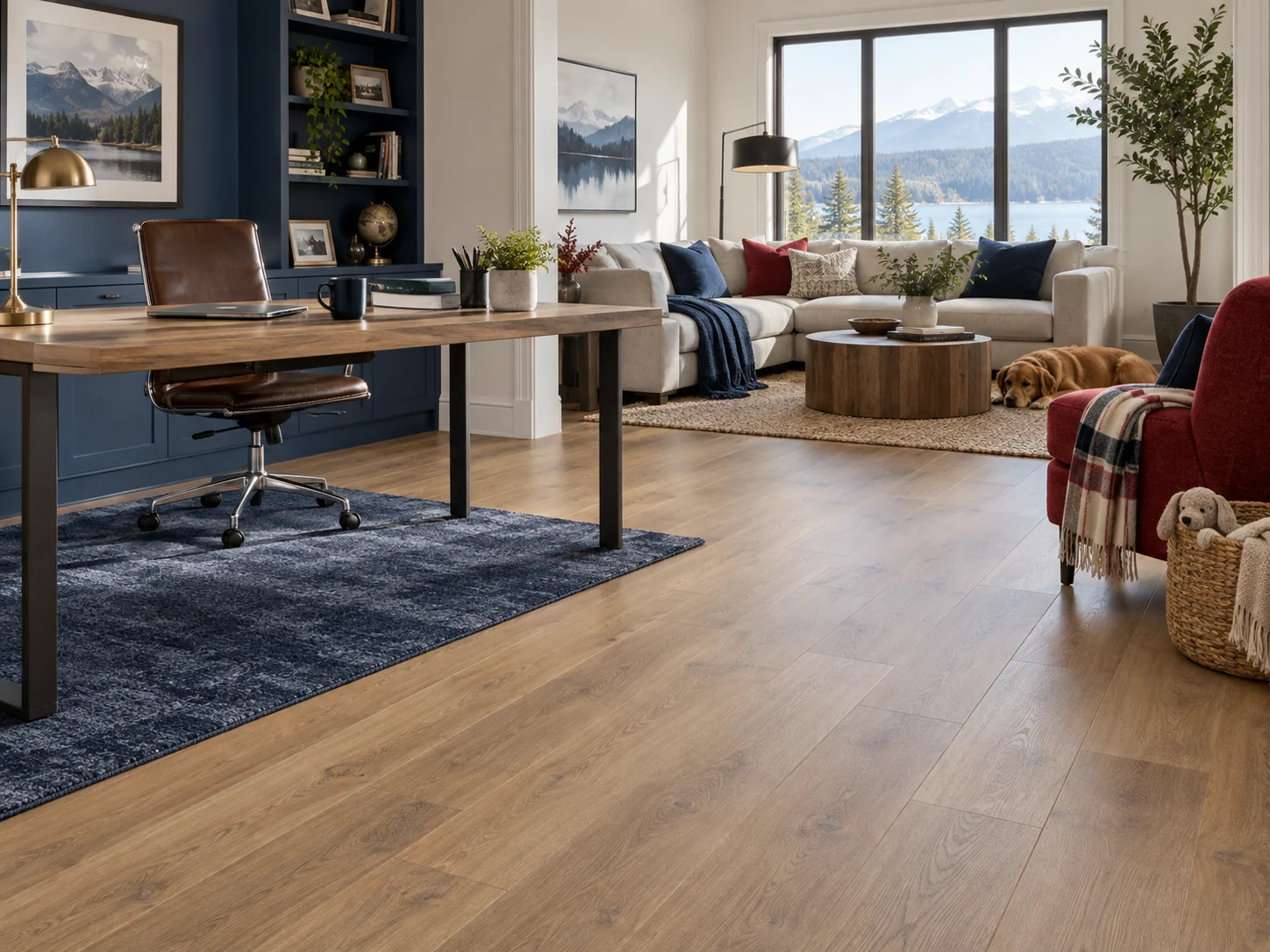 Oak-look laminate flooring in a bright home office and family room