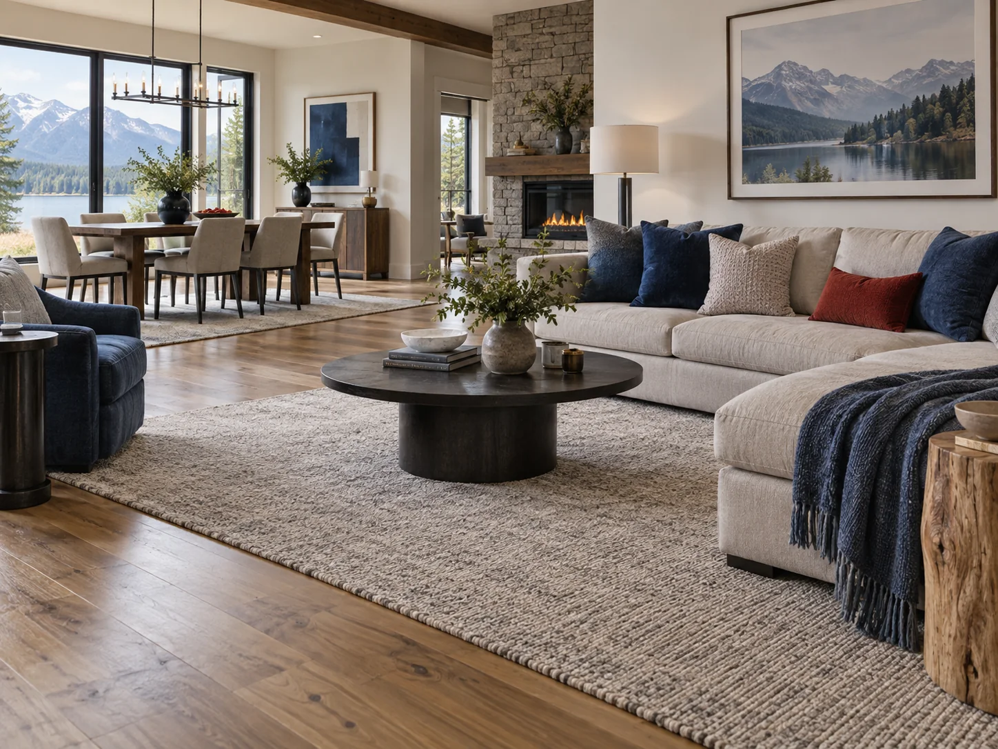 Open living and dining room with warm hardwood flooring and a textured area rug