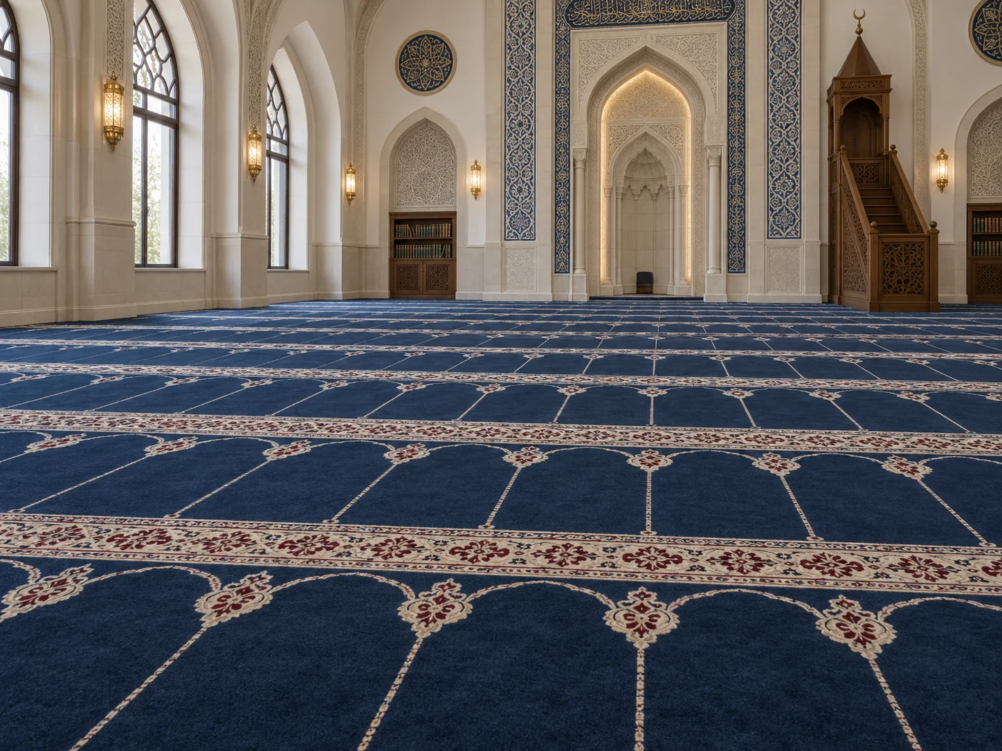 Newly installed Masjid carpet with clearly aligned prayer rows