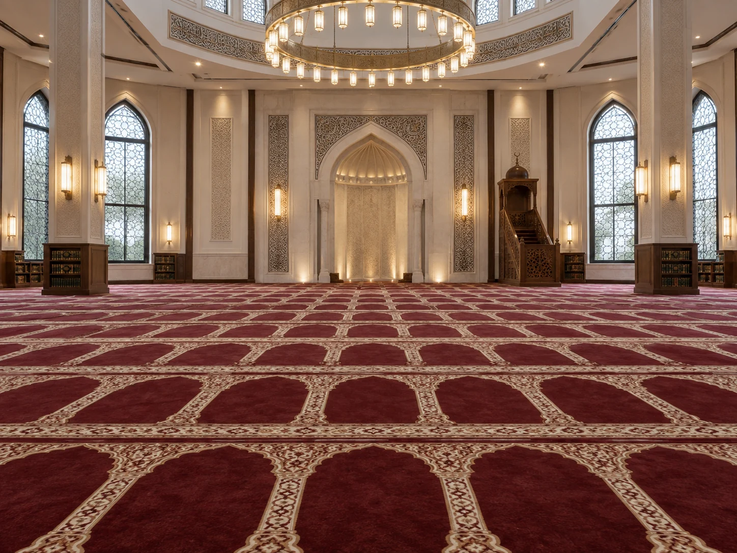 Elegant Masjid interior with aligned burgundy prayer carpet rows