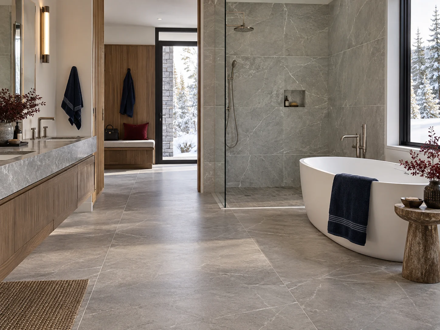 Large-format stone-look tile in a refined modern bathroom