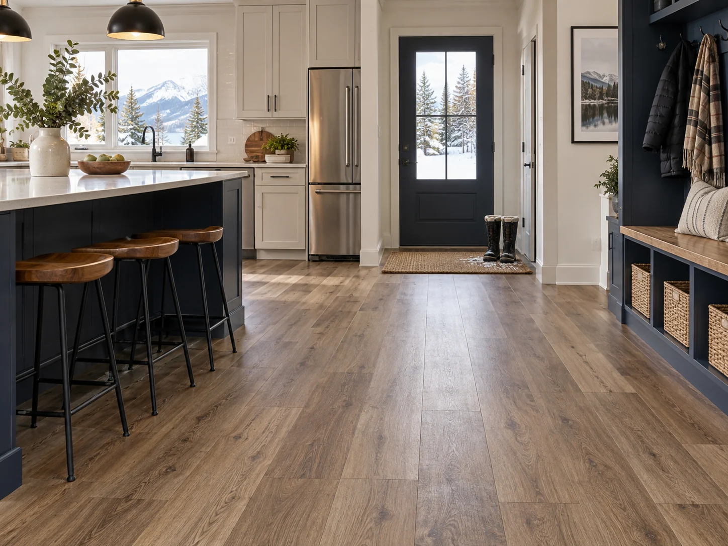 Luxury vinyl plank flooring in a modern kitchen and mudroom