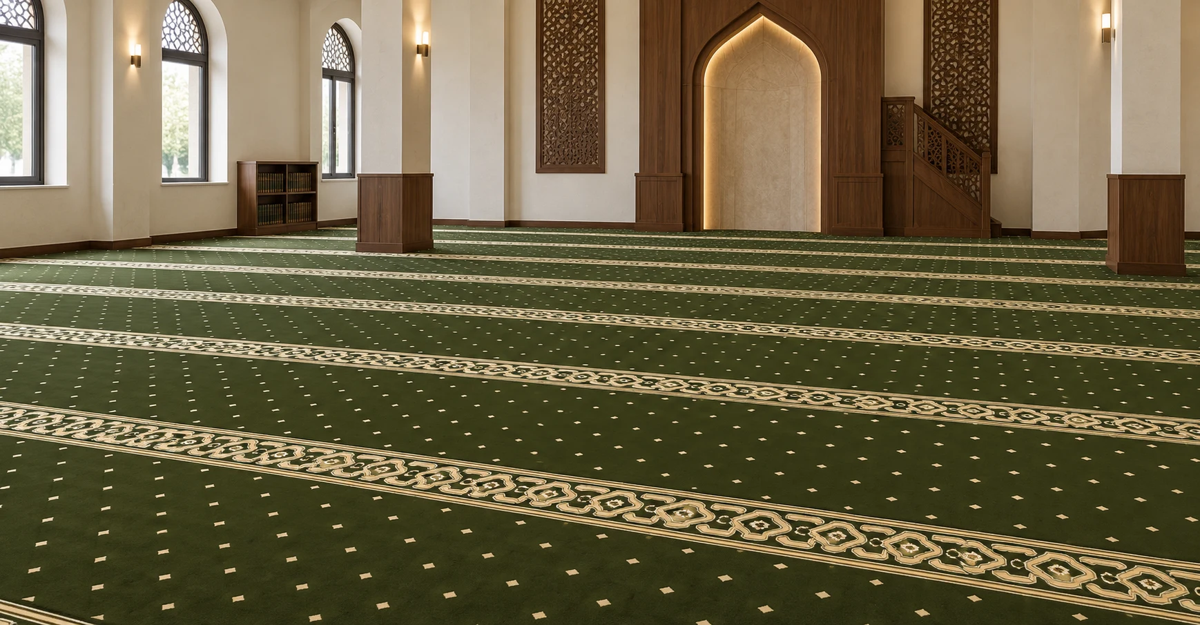 Aqsa Green carpet pile with gold geometric saff border at close range
