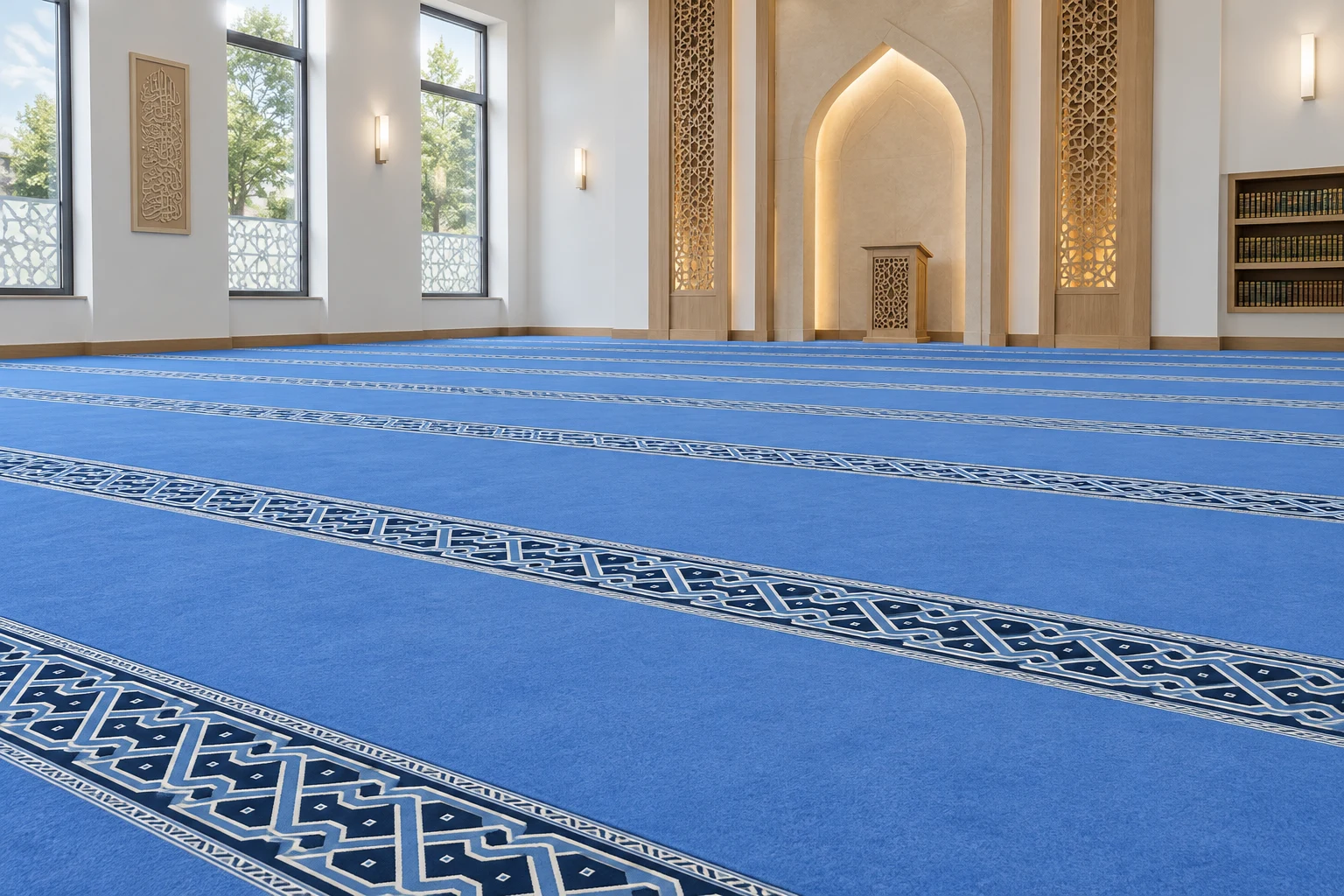 Blue Sama pure wool Pakistani Masjid carpet installed in a contemporary prayer hall