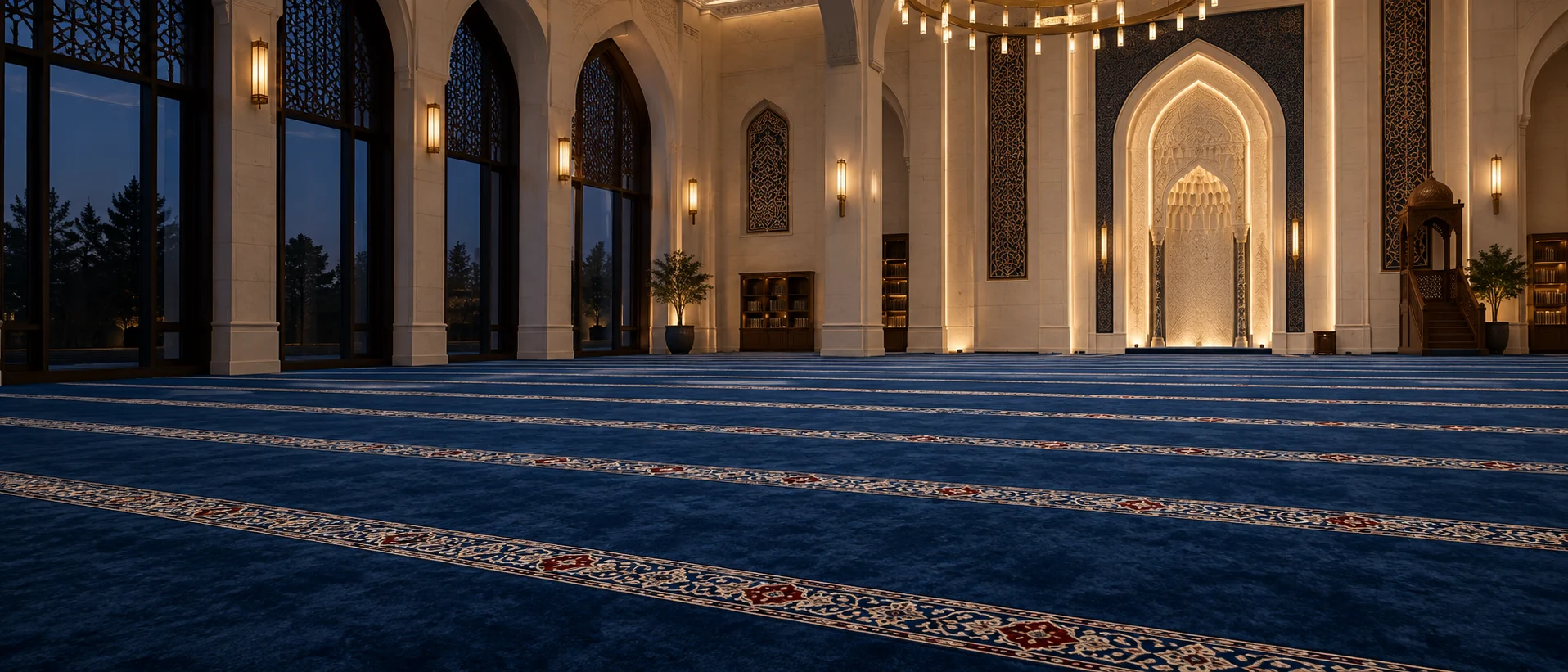 Turkish-made blue prayer carpet aligned across an illuminated Masjid interior