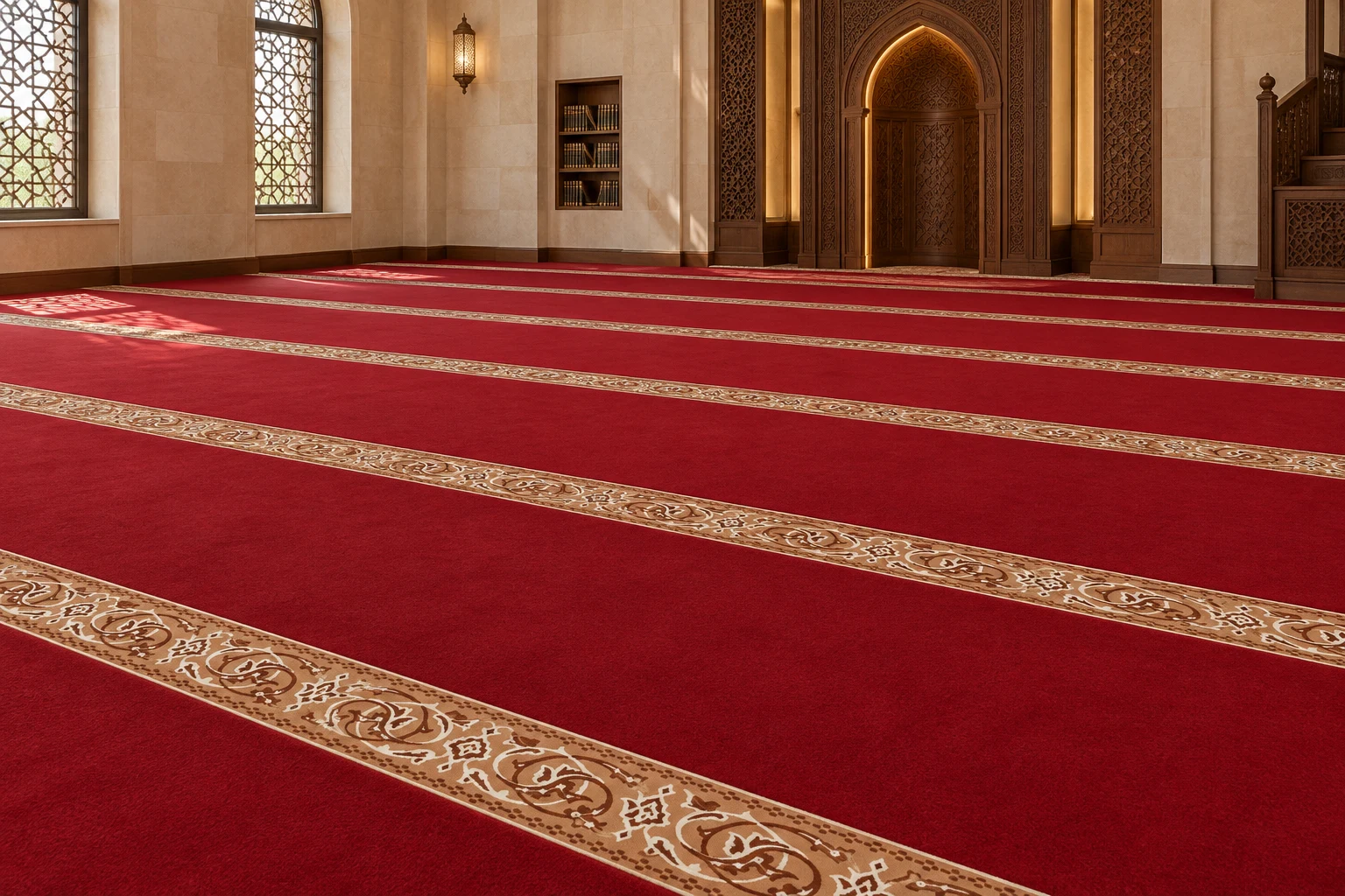 Red Alhamra pure wool Pakistani Masjid carpet installed in a prayer hall