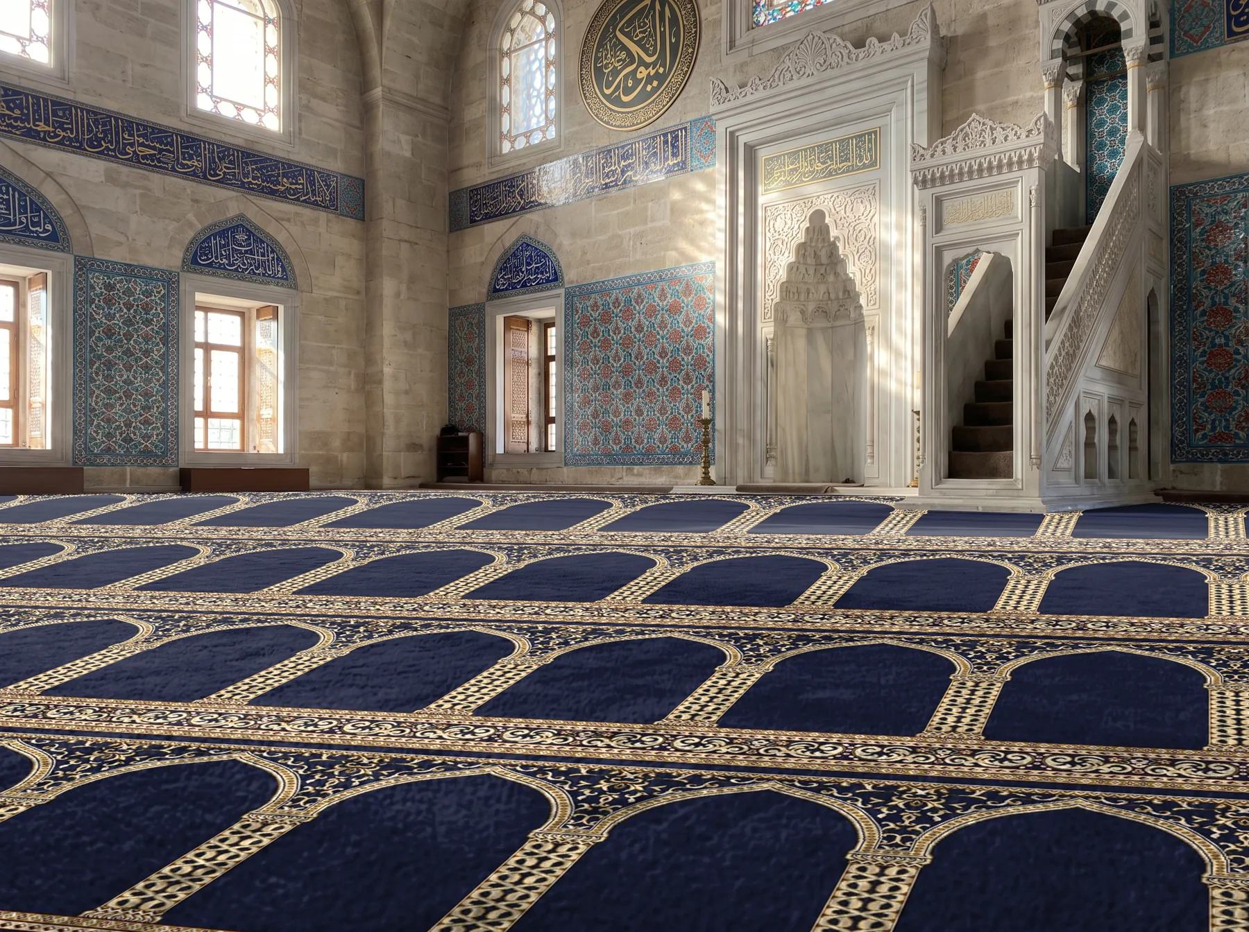 Close view of Sultan Blue prayer rows leading toward the mihrab and minbar
