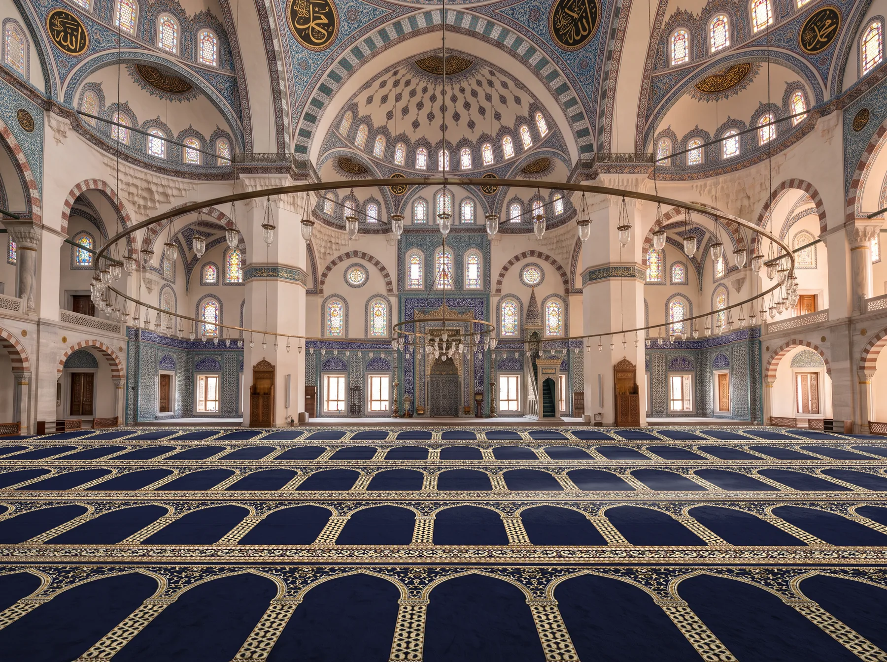Sultan Blue Turkish Masjid carpet covering a domed prayer hall in aligned rows