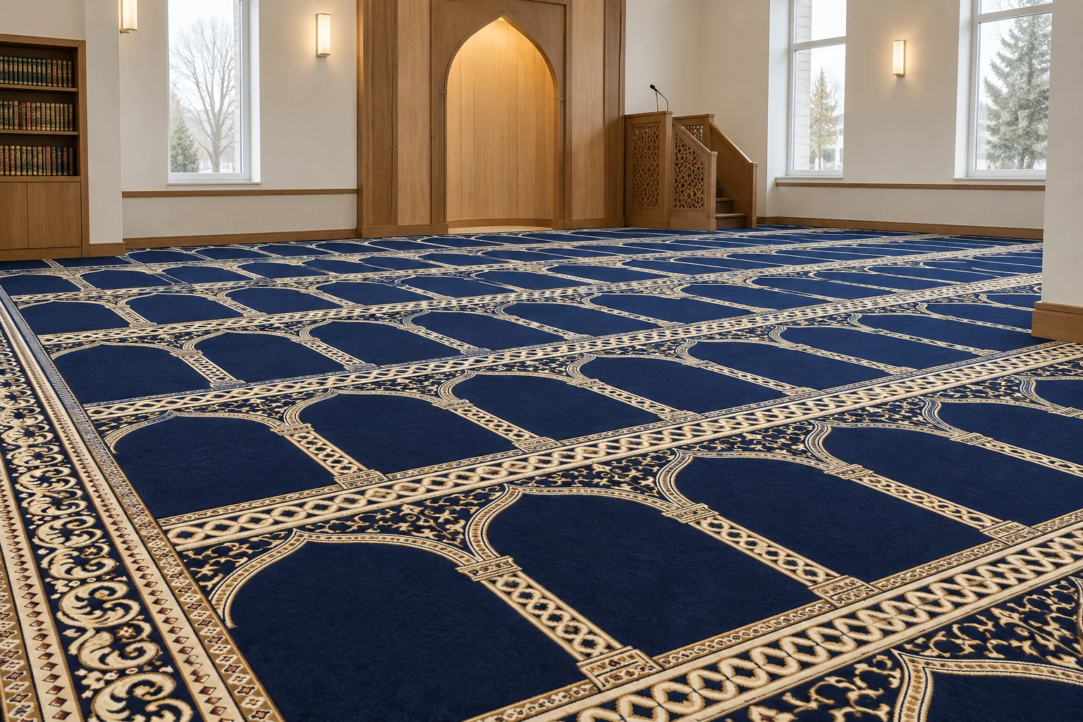 Sultan Blue carpet pile and cream-and-gold mihrab framing at close range