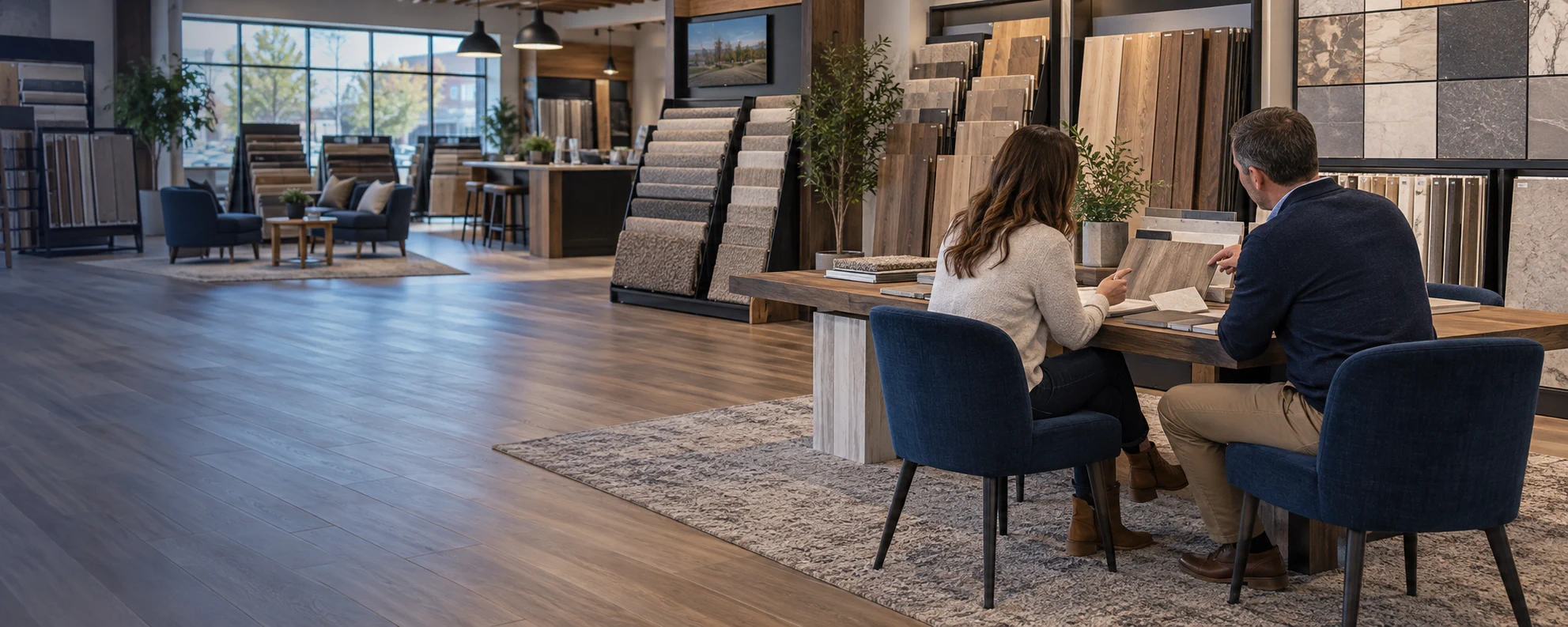 Flooring specialist guiding a customer through samples in a contemporary showroom