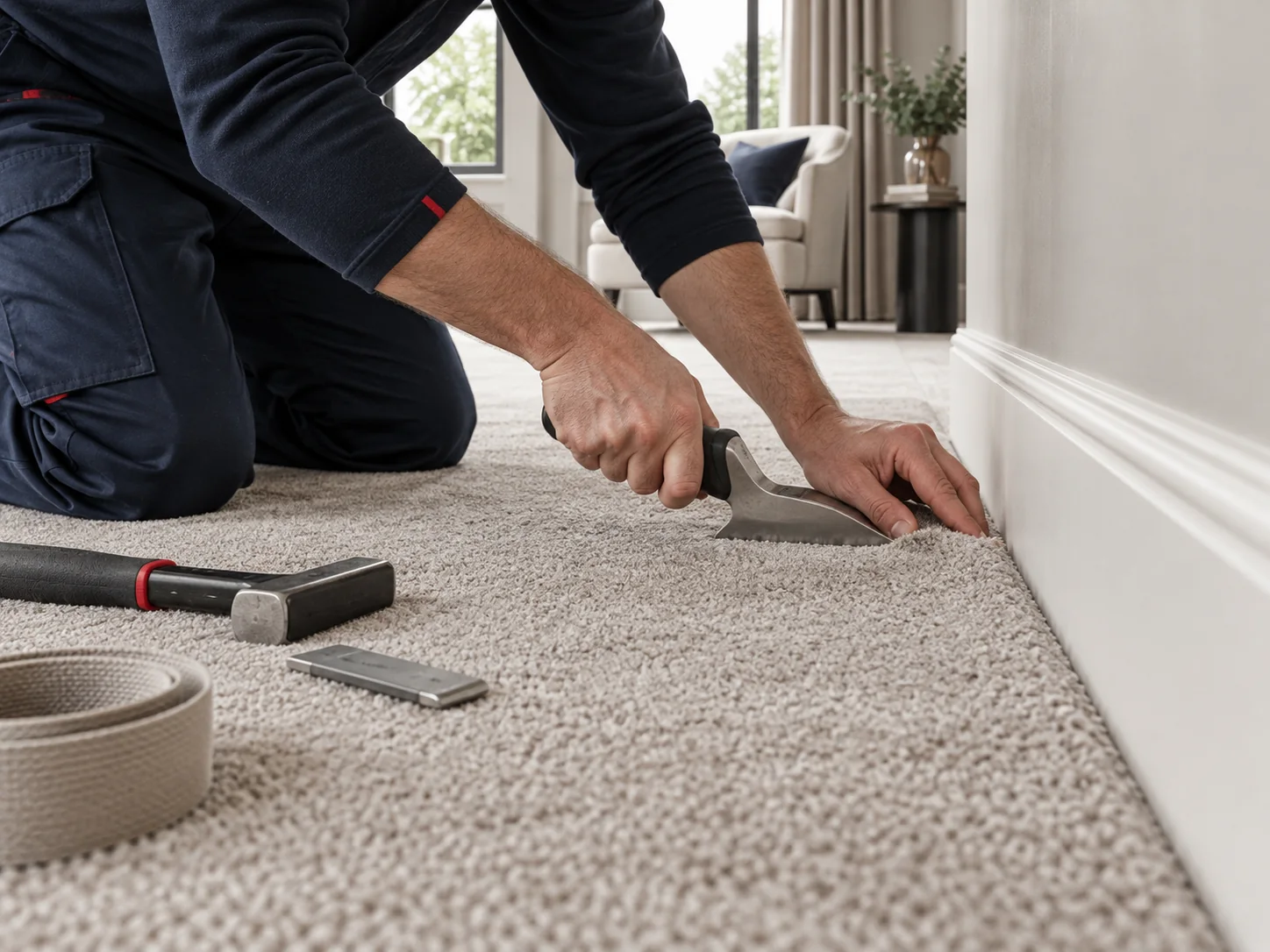Professional carpet fitting with close attention to edges and finishing