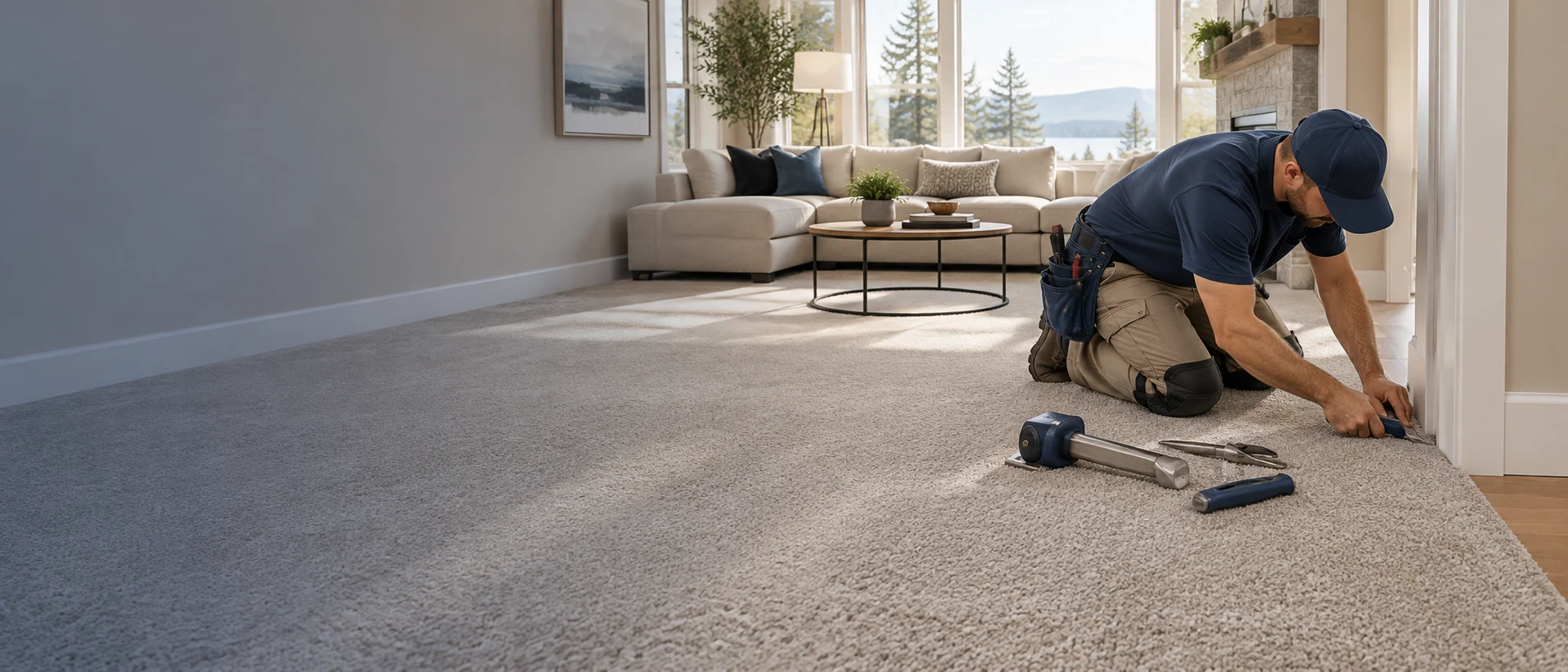 Professional installer carefully finishing carpet in a bright living room