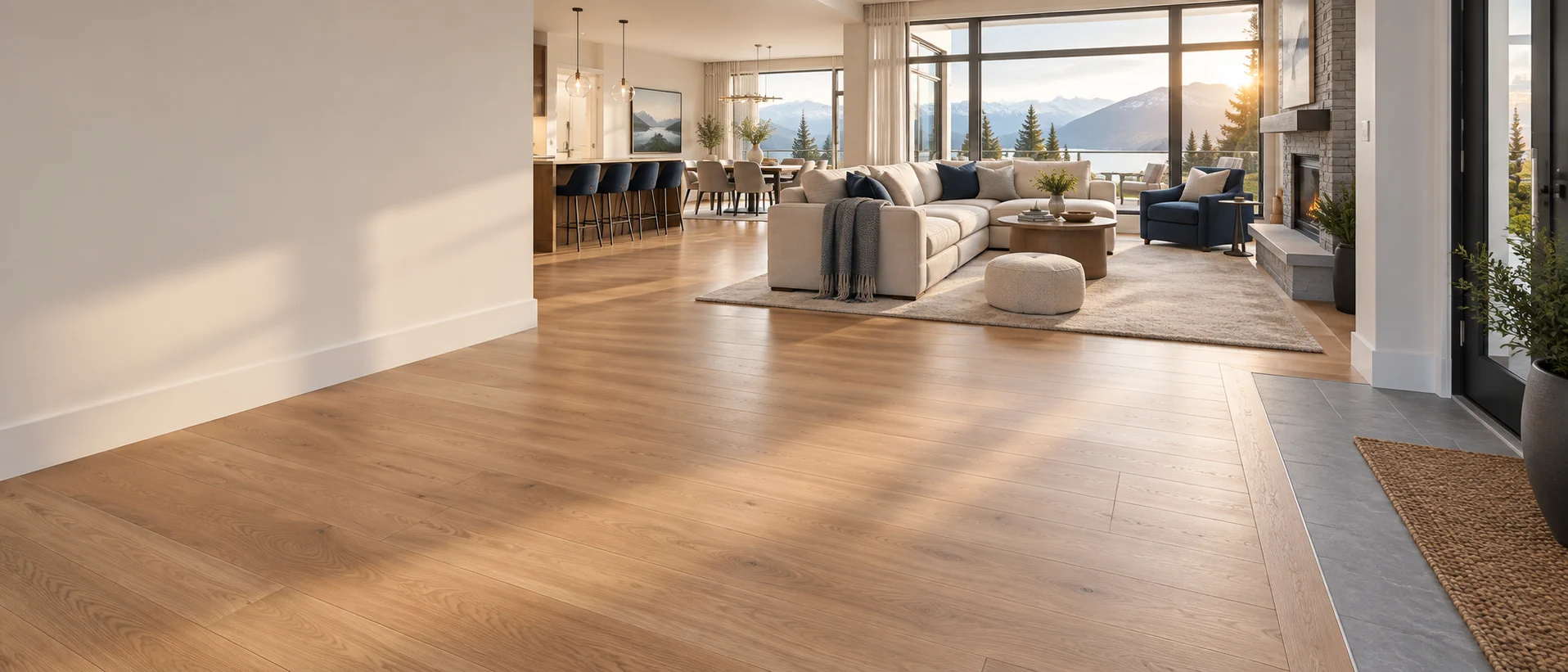 Finished open-plan interior featuring oak flooring, carpet, and tile transitions