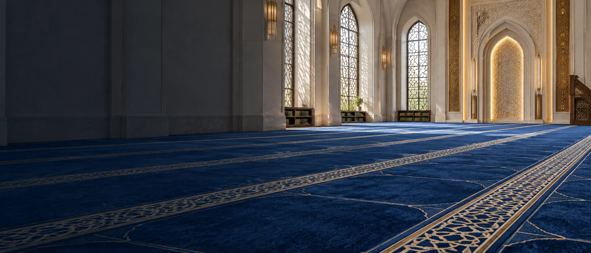 Elegant mosque interior with aligned royal-blue prayer carpet rows