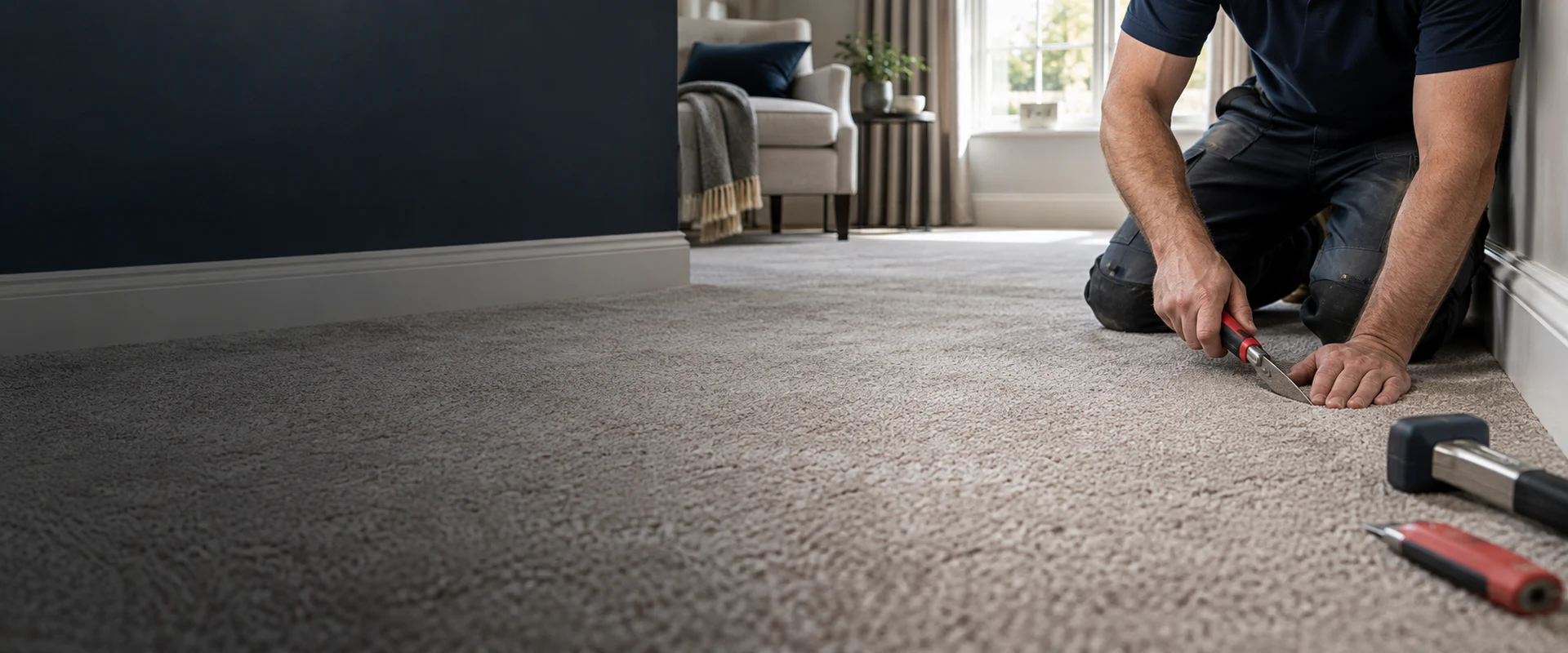 Professional installer carefully fitting carpet along a finished wall